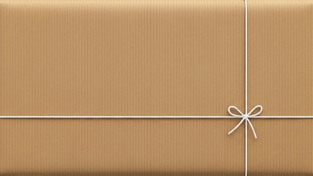 Simple brown cardboard package tied with white string and a neat bow for shipping or gifts