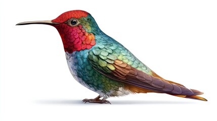 Fototapeta premium Vibrant hummingbird illustration with colorful feathers and long beak on white