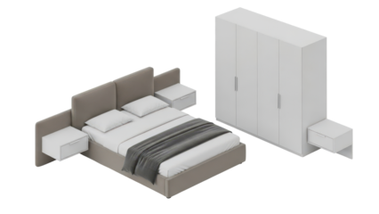 Isometric view of a bedroom furniture set with bed and wardrobe isolated on white background