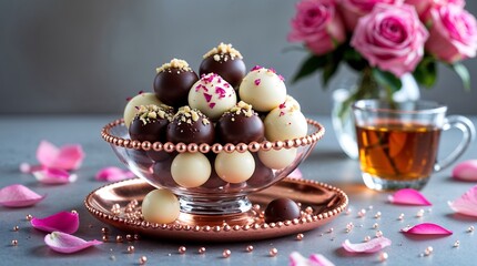 Assortment of chocolate truffles in a decorative bowl with tea and roses