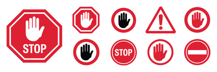 Obraz premium Alert warning and stop sign icon pack, including hand symbols and red stop signs, suitable for traffic safety, danger