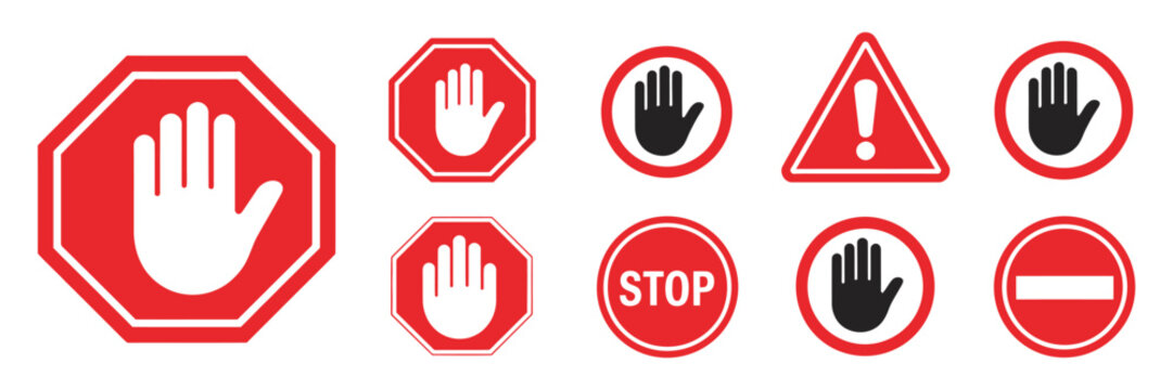Alert warning and stop sign icon collection, featuring hand symbols and red stop signs, ideal for road traffic safety, danger notifications, prohibition signs, and vector illustrations 