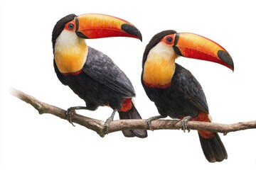 Obraz premium Realistic depiction of two toucans perched on a branch against a white background showcasing their vibrant colors and distinct features