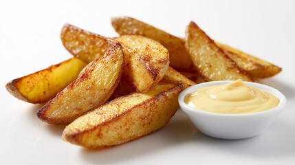 Crispy golden potato wedges served with creamy dipping sauce on a dark plate.
