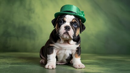 Adorable puppy wearing a green hat