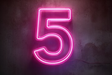Neon Pink Number 5 Illuminated Against a Grungy Wall Background