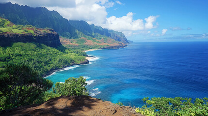 Kauai hawaii coastline landscape scenic view of ocean mountains and cliffs island travel destination