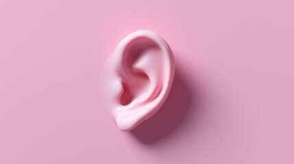 Minimal pink human ear model on a soft background representing hearing, anatomy, and sensory concept.
