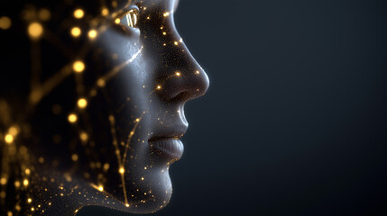 Human face profile with glowing digital network lines symbolizing artificial intelligence and human technology connection.
