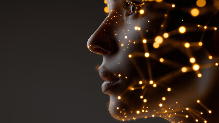Human face profile with glowing digital network lines symbolizing artificial intelligence and human technology connection.
