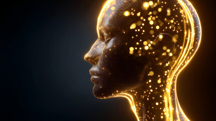 Human face profile with glowing digital network lines symbolizing artificial intelligence and human technology connection.
