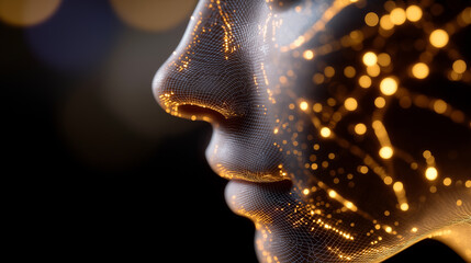 Human face profile with glowing digital network lines symbolizing artificial intelligence and human technology connection.
