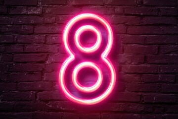 Neon Pink Number Eight on a Dark Brick Wall Background