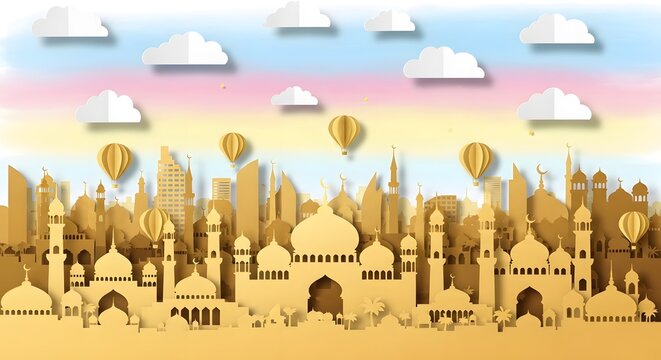 Islamic cityscape with golden mosques and minarets silhouetted against a pastel sky with clouds and hot air balloons paper art style, festive background