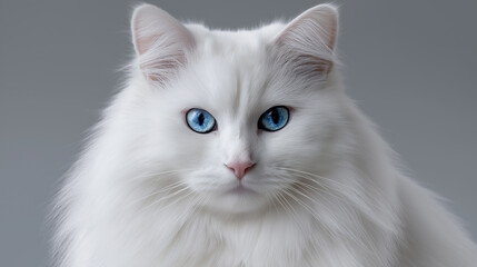 Fototapeta premium Portrait of a fluffy white cat with bright blue eyes against a neutral background. 