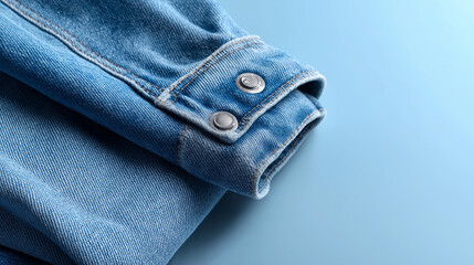 Folded blue denim jeans sleeve detail showcasing casual fashion fabric texture.
