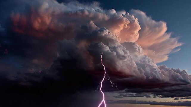 Celestial Fury: A breathtaking display of nature's power unfolds as a colossal storm cloud unleashes a blinding bolt of lightning against the canvas of the sky.
