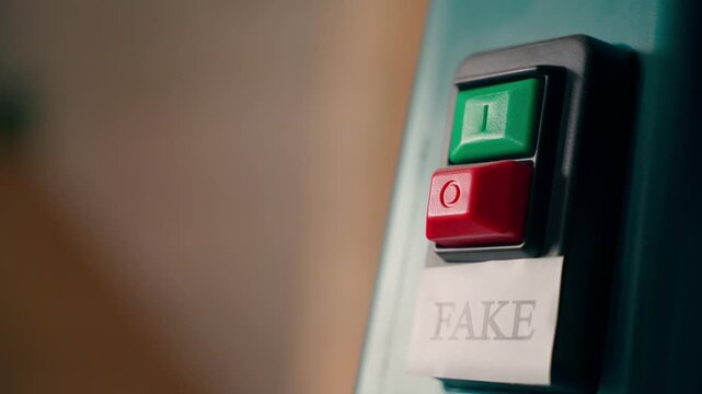 A sticker with the word FAKE is glued under the large on and off buttons. Red and green button