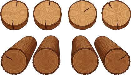 Rustic wood log slices and timber trunks vector set with realistic tree ring textures for carpentry and woodworking. © Rozina Creative