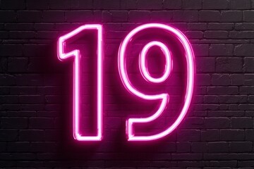 Neon Number Nineteen in Vibrant Pink Glow on Black Wall Background