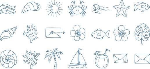 Nautical sea life vector collection with whale octopus lobster turtle jellyfish starfish sailboat and tropical summer beach vacation icons. © Rozina Creative