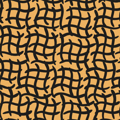 Hand painted wobbly wavy lines forming minimalist broken checks in colors of black on yellow background. Geometric abstract seamless vector pattern. Great for home decor, fabric, wallpaper, gift wrap.