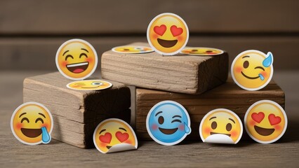 Collection of colorful emoji stickers on wooden blocks