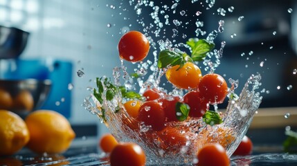 Fresh tomatoes splash in a bowl of water. Juicy oranges sit nearby. Enjoy the vibrant colors and refreshing visuals of fruit photography. Generative AI