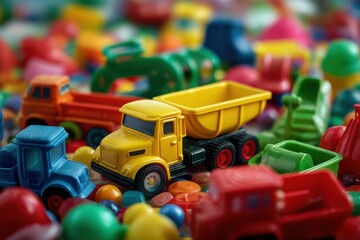 Fototapeta premium Colorful collection of plastic children's toys scattered across a vibrant play surface creating a playful atmosphere for imagination and fun