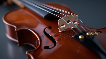 Fototapeta premium Close-up of a polished wooden violin highlighting elegant craftsmanship and classical music artistry. 