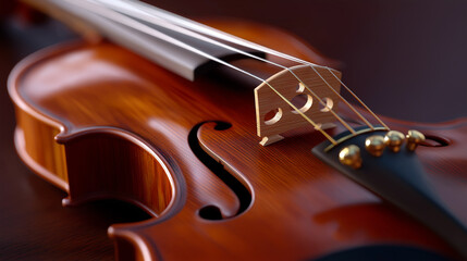 Fototapeta premium Close-up of a polished wooden violin highlighting elegant craftsmanship and classical music artistry. 