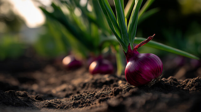 Fresh red onions growing in fertile soil during early agricultural cultivation.
