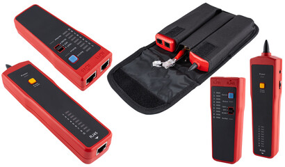 Compact RJ45 twisted pair tester with LED indication of breaks and short circuits.