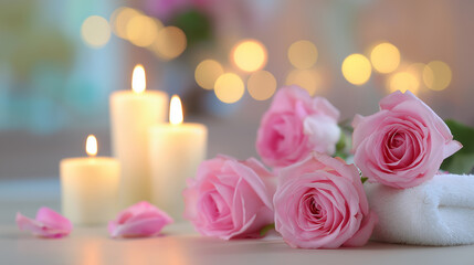 Fototapeta premium Romantic arrangement of pink roses and glowing candles creating a soft elegant atmosphere. 