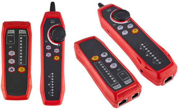 Red internet cable tester with two blocks and sequential wire indication. On a white background - Powered by Adobe