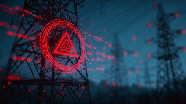 A red digital warning symbol floats in front of a power line tower in an industrial or technological setting - Powered by Adobe