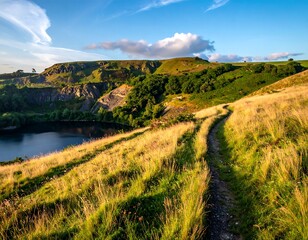 A winding dirt path through golden grasses toward a green hillside