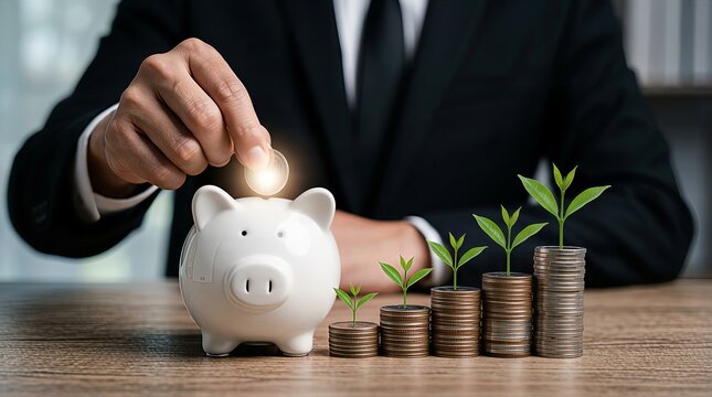 Businessman putting coin into piggy bank with green sprouts growing on money stacks, concept of green finance ESG investment, sustainable wealth growth and corporate social responsibility.