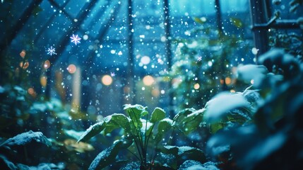 A serene greenhouse atmosphere. Snowflakes gently fall amidst vibrant plants. Warm lights twinkle in the background. Nature and tranquility unite beautifully. Generative AI