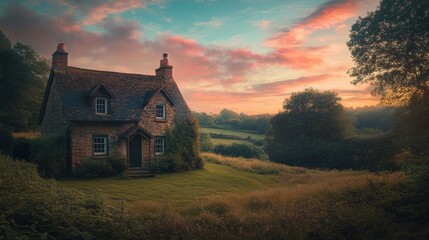 A serene countryside house stands proudly against a vibrant sunset. Lush greenery surrounds the charming home. Nature and tranquility harmonize beautifully here. Generative AI