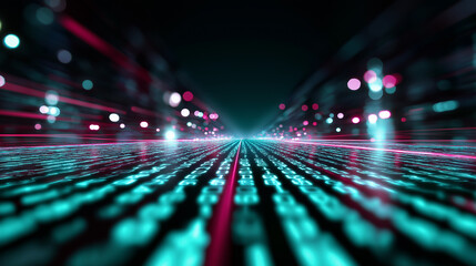 Glowing digital data highway with luminous particles moving rapidly into the distance.
