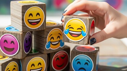 Colorful emoji face wooden blocks stacked and held by hand