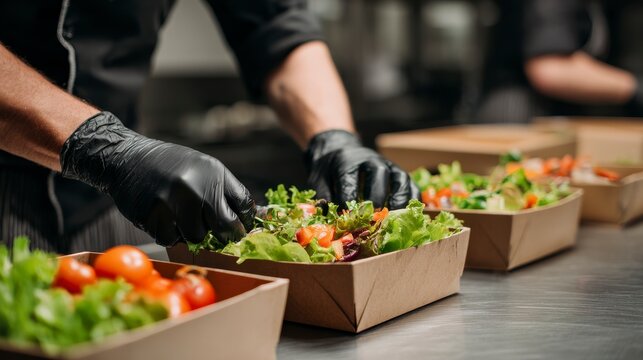 Close-up of gloved hands assembling healthy salads with fresh greens and tomatoes in recyclable containers. Focus on food prep