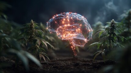 Digital brain visualization set amidst green cannabis plants in a dark, outdoor setting. Focused on the complex interplay
