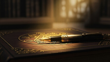 Classic Writing Scene: A luxurious pen rests elegantly atop an ancient, ornate book, with soft light setting a mood of scholarly pursuits and timeless knowledge.