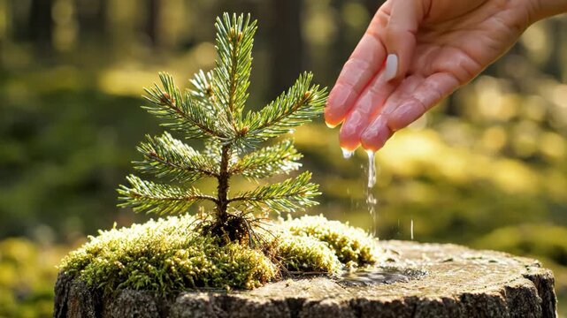 Hand watering small pine sapling growing on tree stump