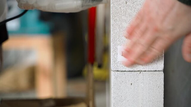 A sticker with the word ERROR is glued to a white aerated concrete wall, close-up. Error at construction site