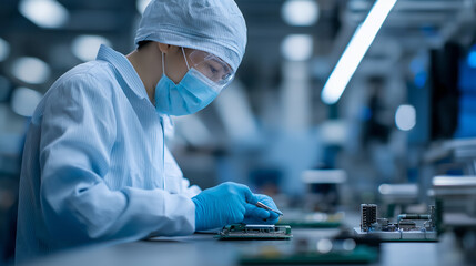Engineer assembling electronic components on a circuit board in a modern manufacturing facility.
