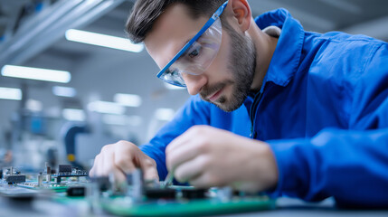 Engineer assembling electronic components on a circuit board in a modern manufacturing facility.
