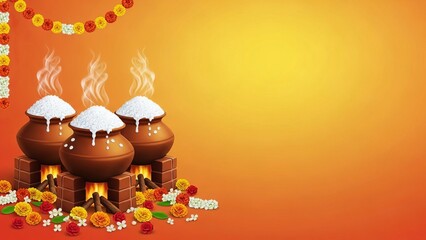 Attukal Pongala Background With Earthen Cooking Pots, Boiling Rice Symbol and Floral Garlands